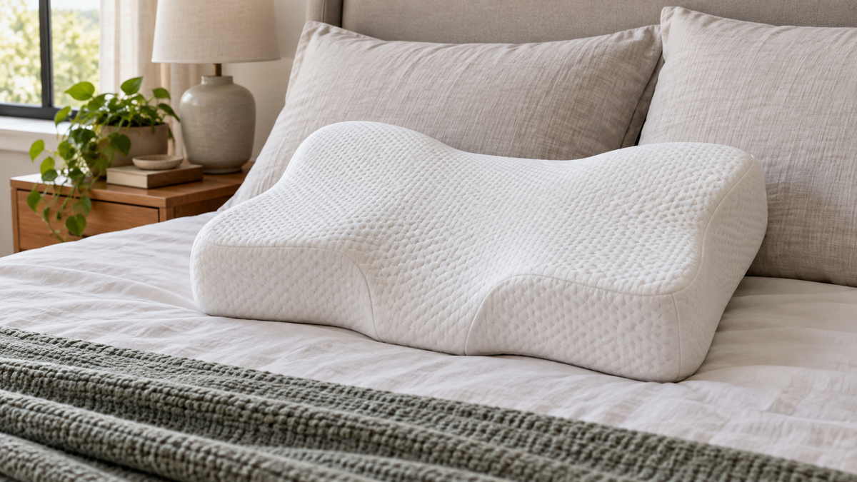 Butterfly-shaped memory foam pillow on a neutral bed