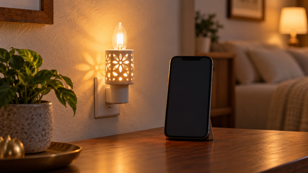 Unbranded C7 smart bulb in a decorative fixture beside a generic phone