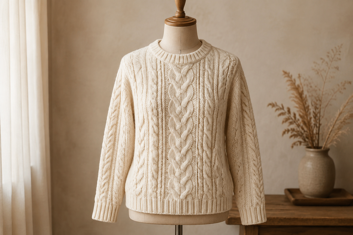 Cream cable knit sweater showing braided texture in a warm studio