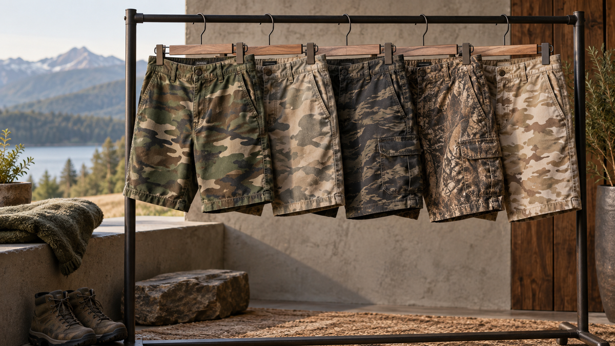 Camouflage shorts in subdued patterns arranged to show waistbands pockets and seams