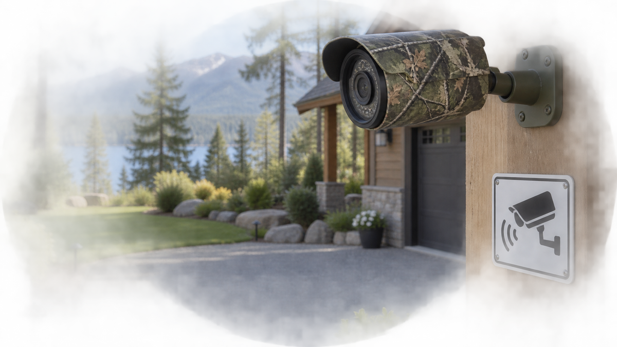 Unbranded camouflage outdoor security camera visibly mounted on private property with a clear monitoring notice