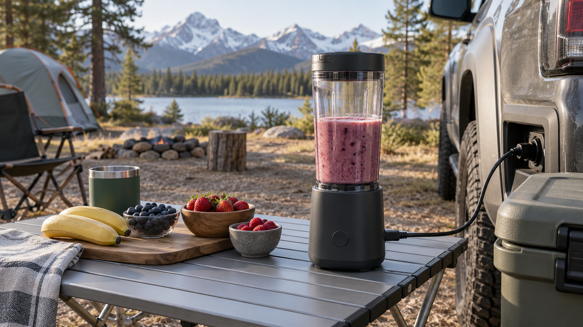 Unbranded compact 12V camping blender on an outdoor table beside a parked vehicle
