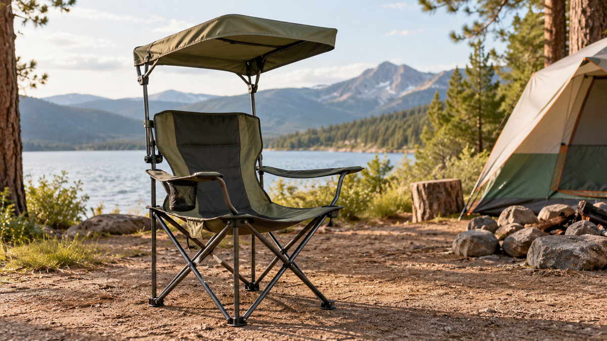 Empty camping chair with an attached canopy on level campsite ground