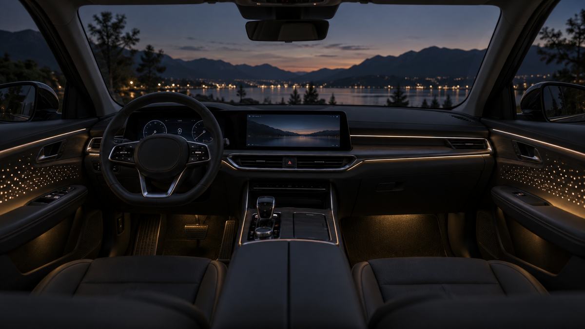 Unbranded subtle projector lighting inside a parked car with no driver and clear unobstructed controls
