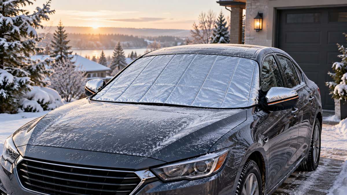 Reflective car snow shield fitted over a frosted windshield