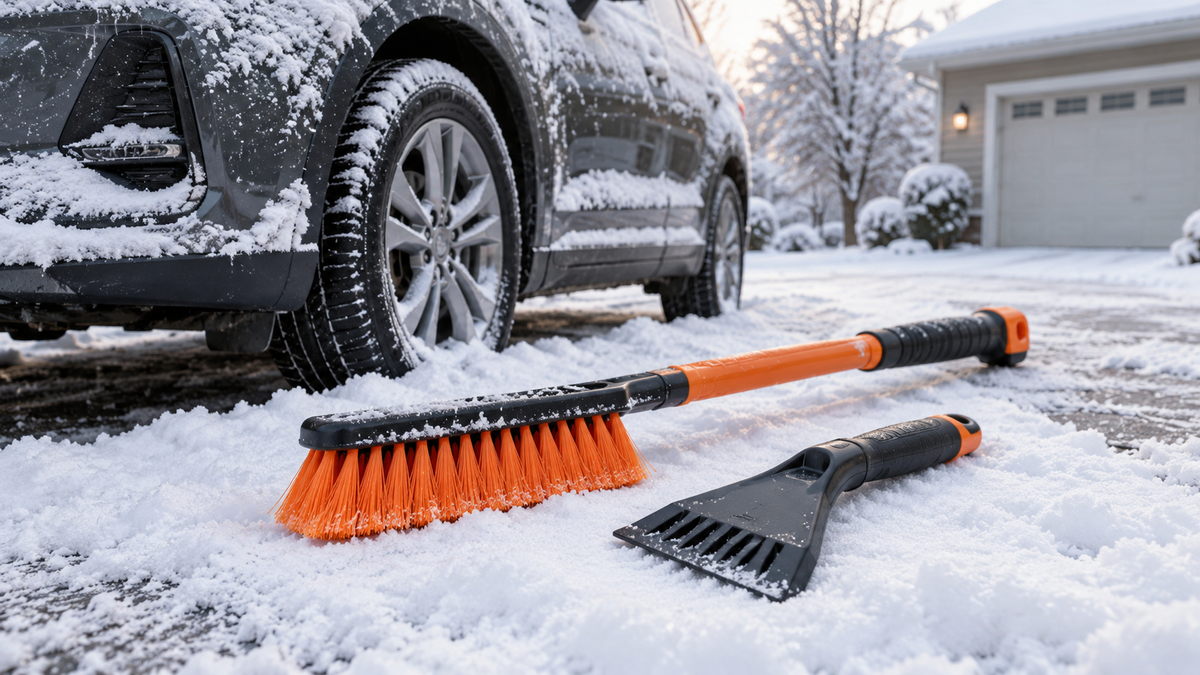 Orange snow brush and plastic ice scraper beside a snow-covered parked car
