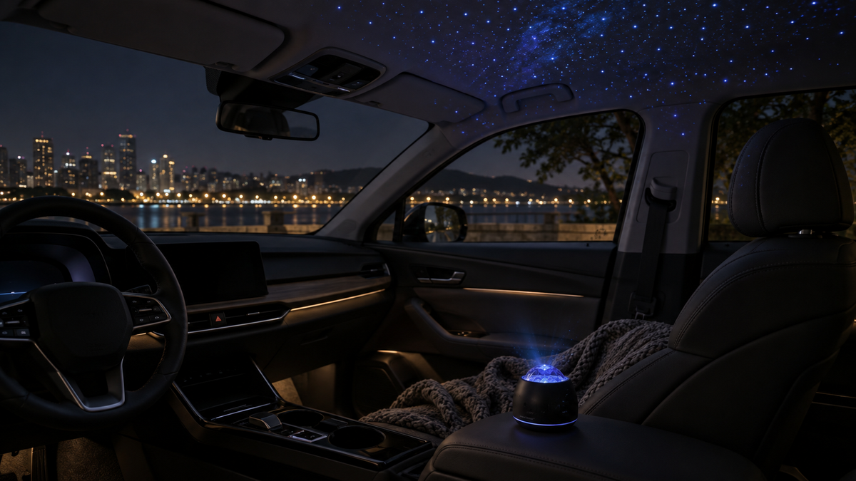 Unbranded compact star projector casting subtle light inside a parked car with no visible logos