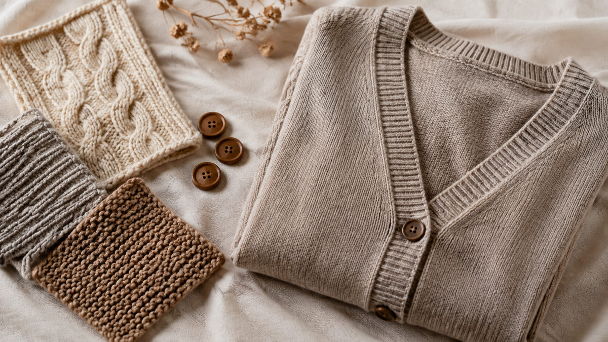 Cardigan sweater with knit samples and buttons in neutral tones