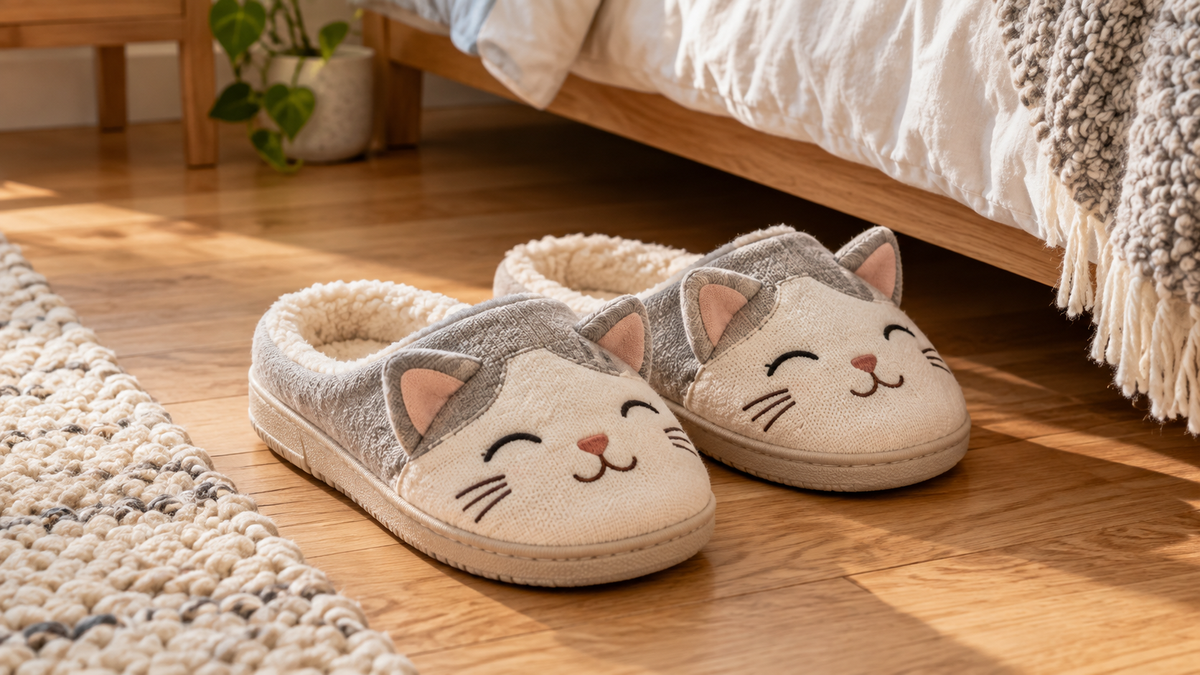 Cozy cat themed cotton slippers on a clean bedroom rug near a chair