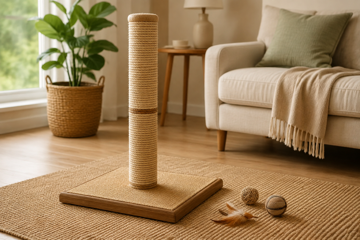 Natural sisal cat scratching post with a stable base in a calm living room
