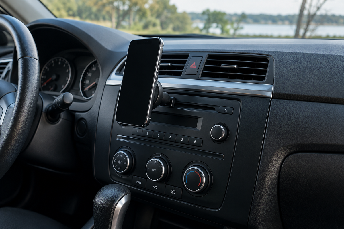 Unbranded magnetic phone holder fitted to a car CD slot without blocking controls