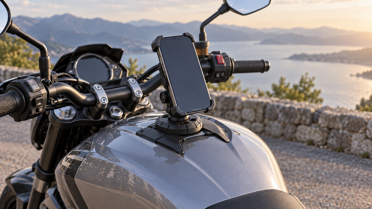 Unbranded phone tank mount securely holding a blank-screen phone on a parked motorcycle
