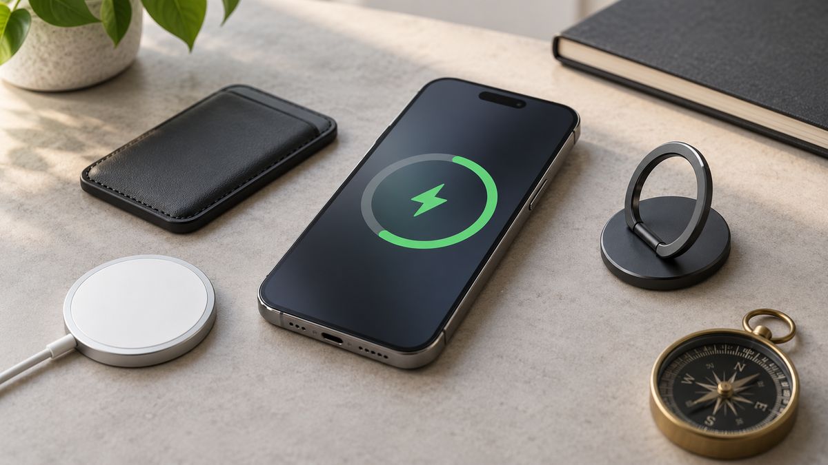 Generic smartphone with small unbranded magnetic accessories arranged on a neutral desk