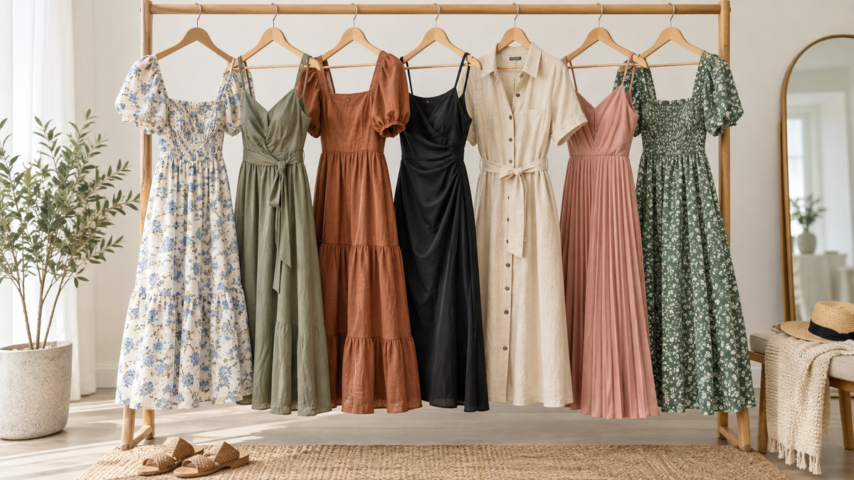 Affordable dresses in varied silhouettes displayed in a bright minimalist wardrobe