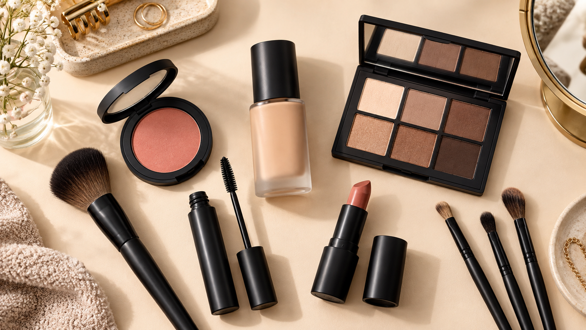 Affordable unbranded makeup products arranged on a clean neutral vanity