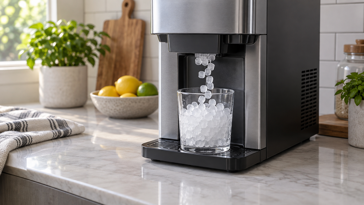 Unbranded home nugget ice maker dispensing soft pellet ice into a clear glass