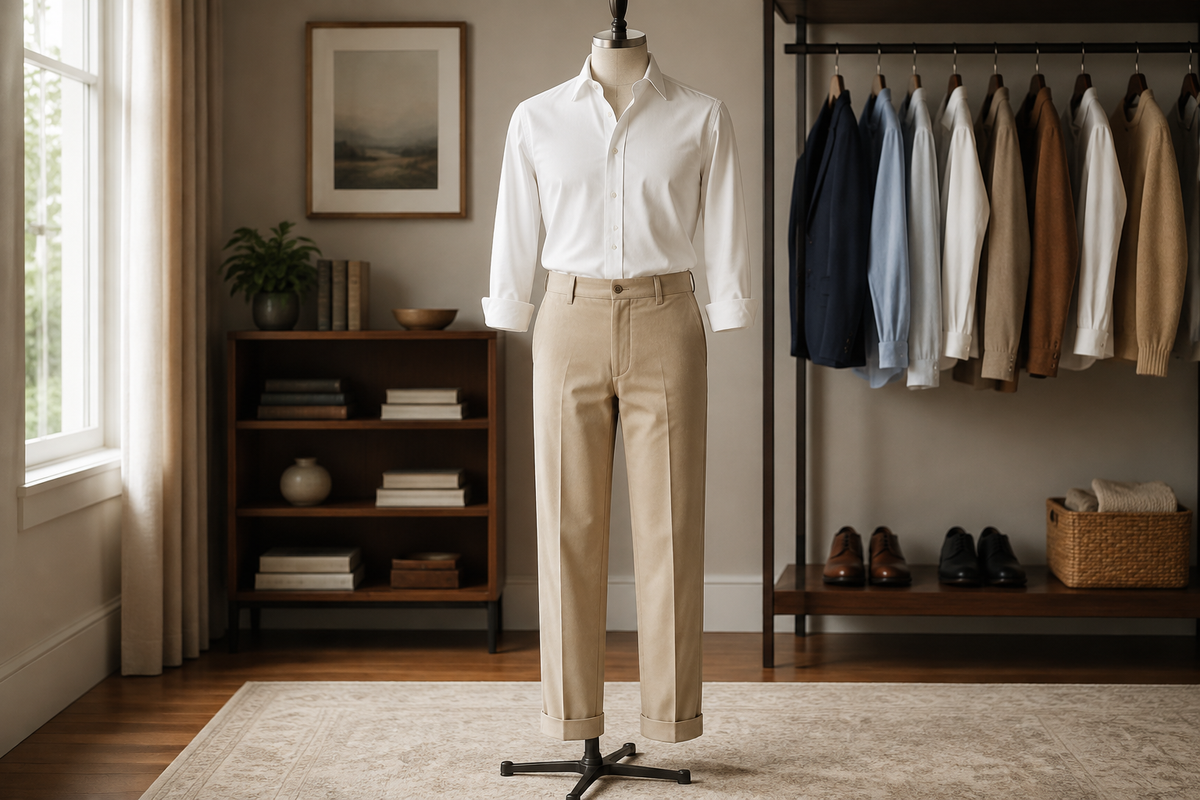 Sand-colored chino pants with a white shirt in a refined wardrobe studio