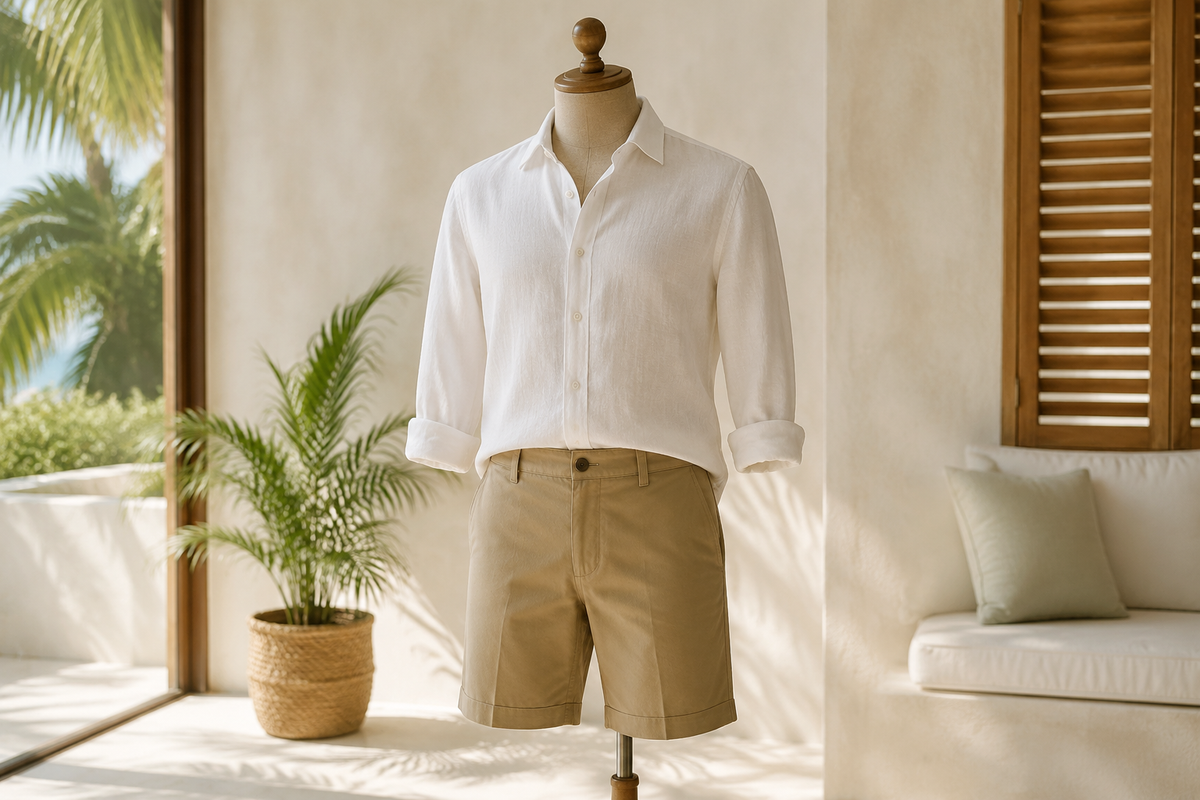 Khaki chino shorts with a lightweight white shirt in a summer room