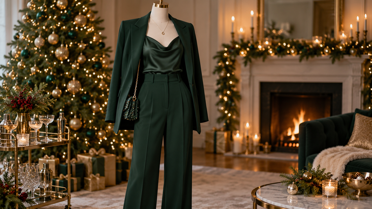 Elegant deep green Christmas party outfit in a warmly decorated room