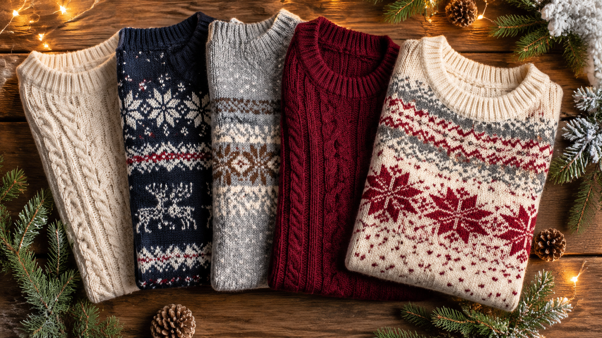 Festive knit Christmas sweaters arranged with winter greenery