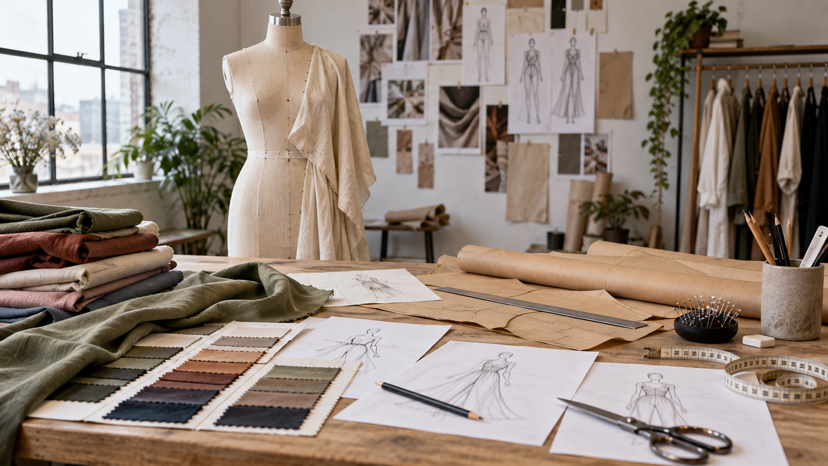Clothing design workspace with dress form, fabrics, patterns and measuring tools