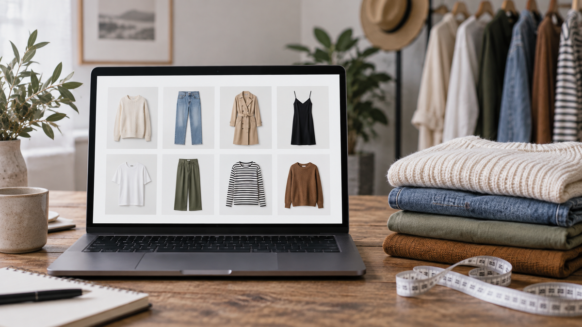 Laptop displaying a generic clothing website beside folded garments