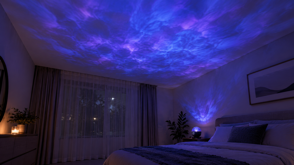 Unbranded compact projector casting gentle cloud-like light across a plain ceiling