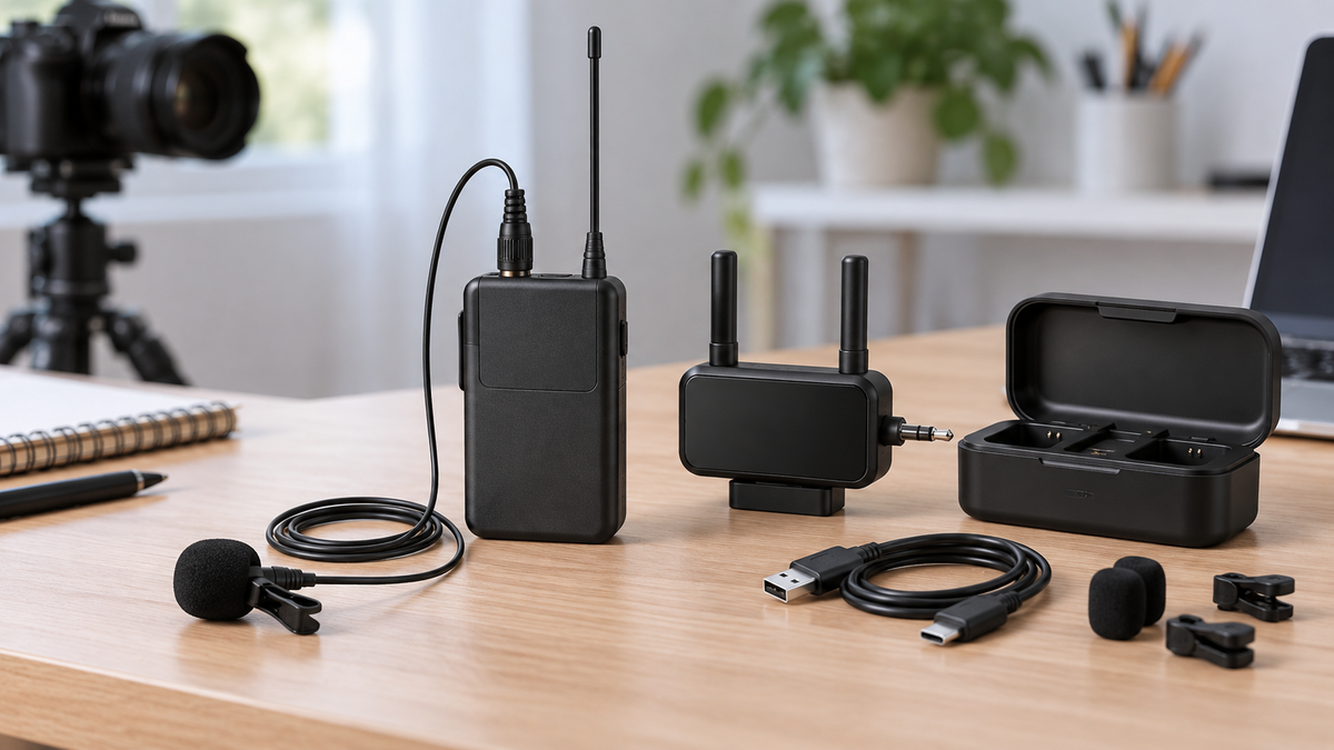 Wireless collar microphone kit arranged on a recording desk