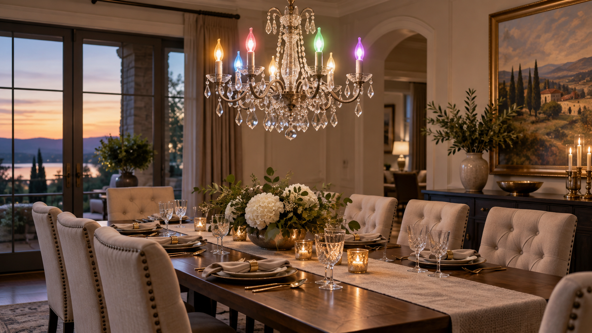 Color-changing candelabra bulbs glowing in an elegant chandelier