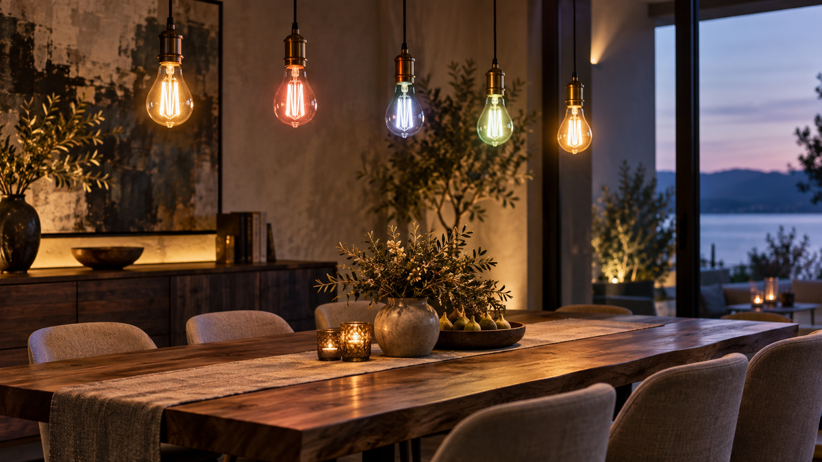Several unbranded Edison-style bulbs glowing in different subtle colors above a modern dining area
