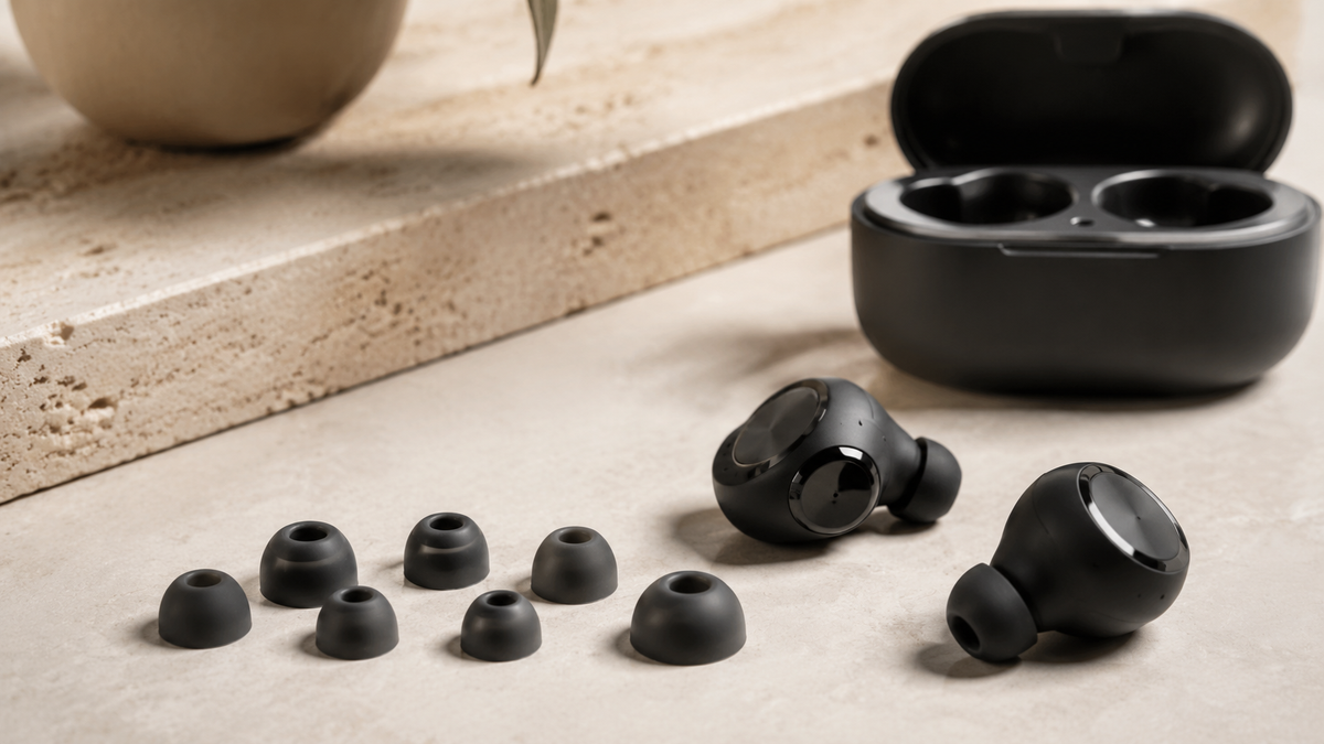 Ergonomic wireless earbuds with several soft silicone ear tip sizes
