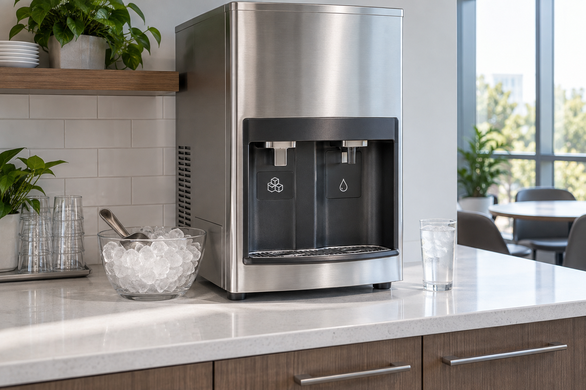 commercial countertop ice and water dispenser shown in a clean practical setting for comparison