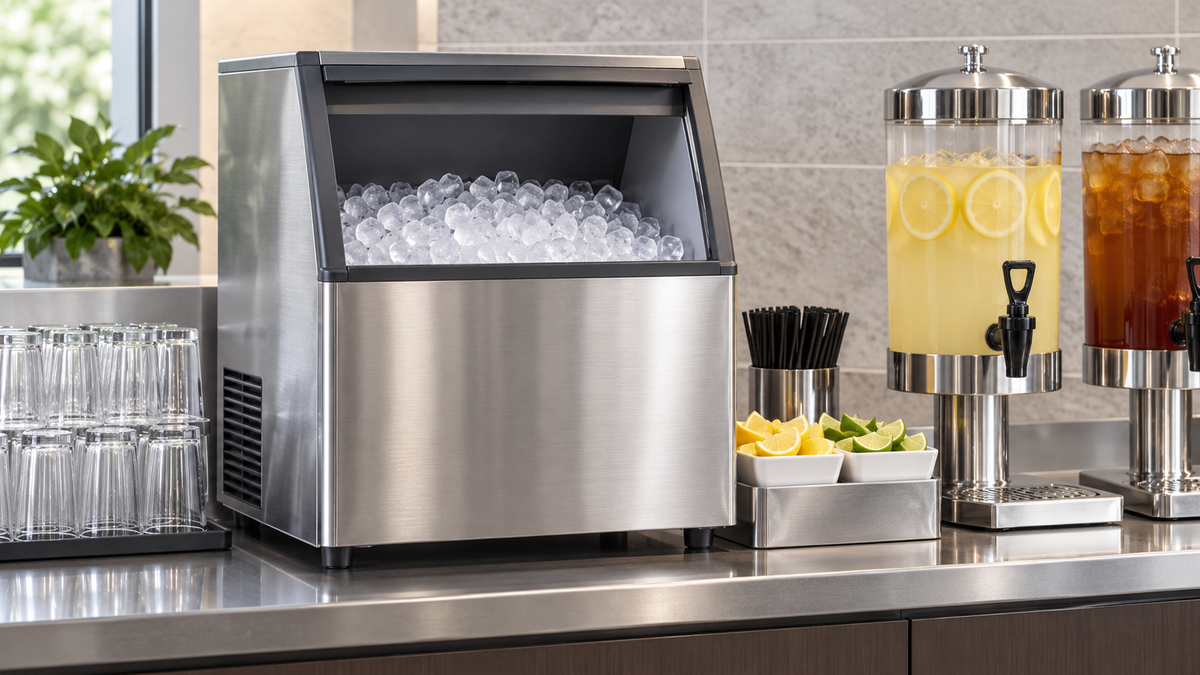 Commercial tabletop ice machine at a beverage station