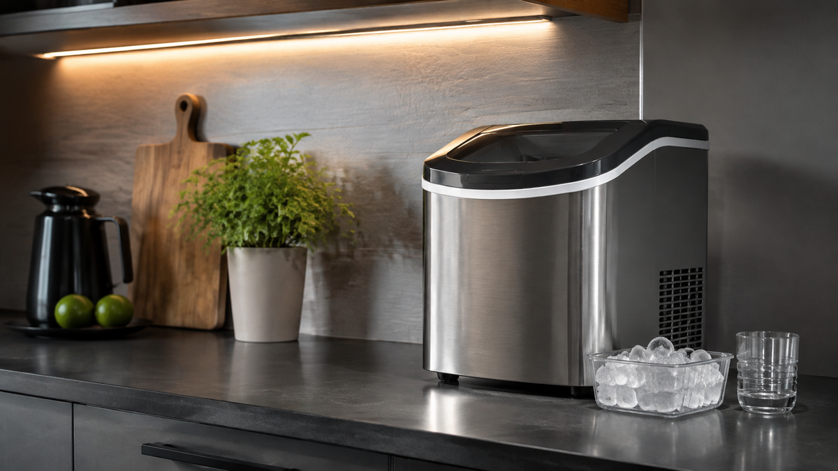 Compact unbranded countertop ice maker in a small kitchenette