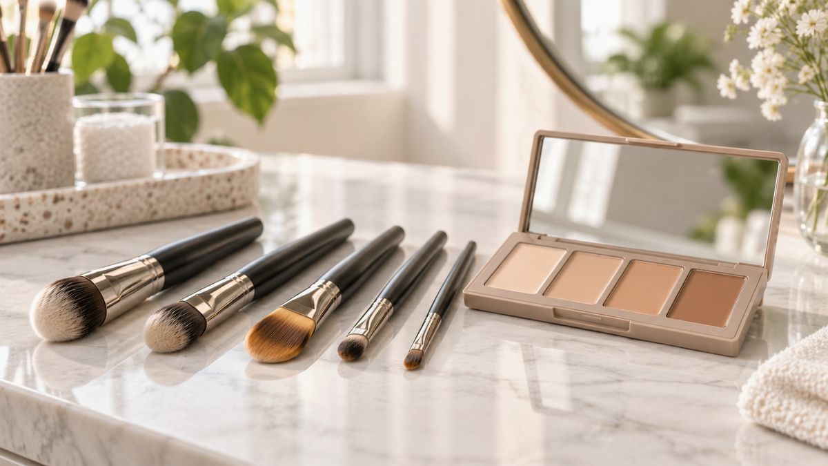 Concealer brushes with different head shapes beside a neutral concealer palette