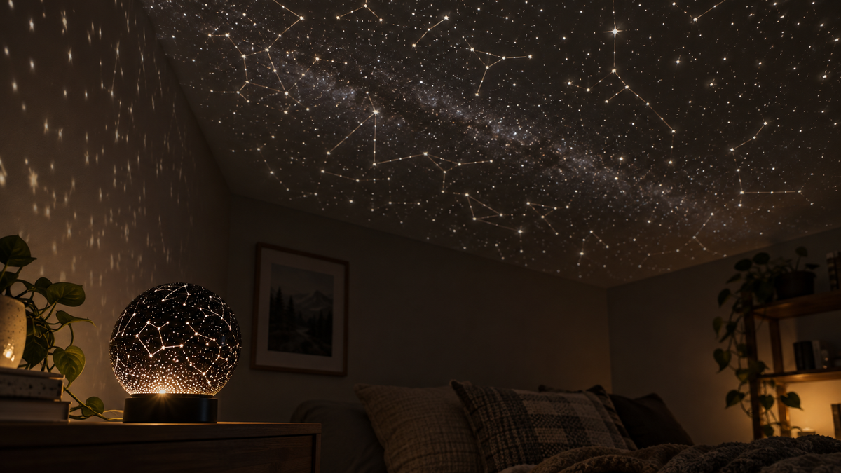Unbranded constellation globe projector casting a subtle star map across a dark neutral ceiling