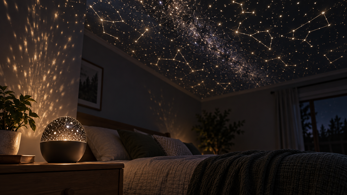 Unbranded constellation projector lamp casting gentle star patterns across a dark room ceiling