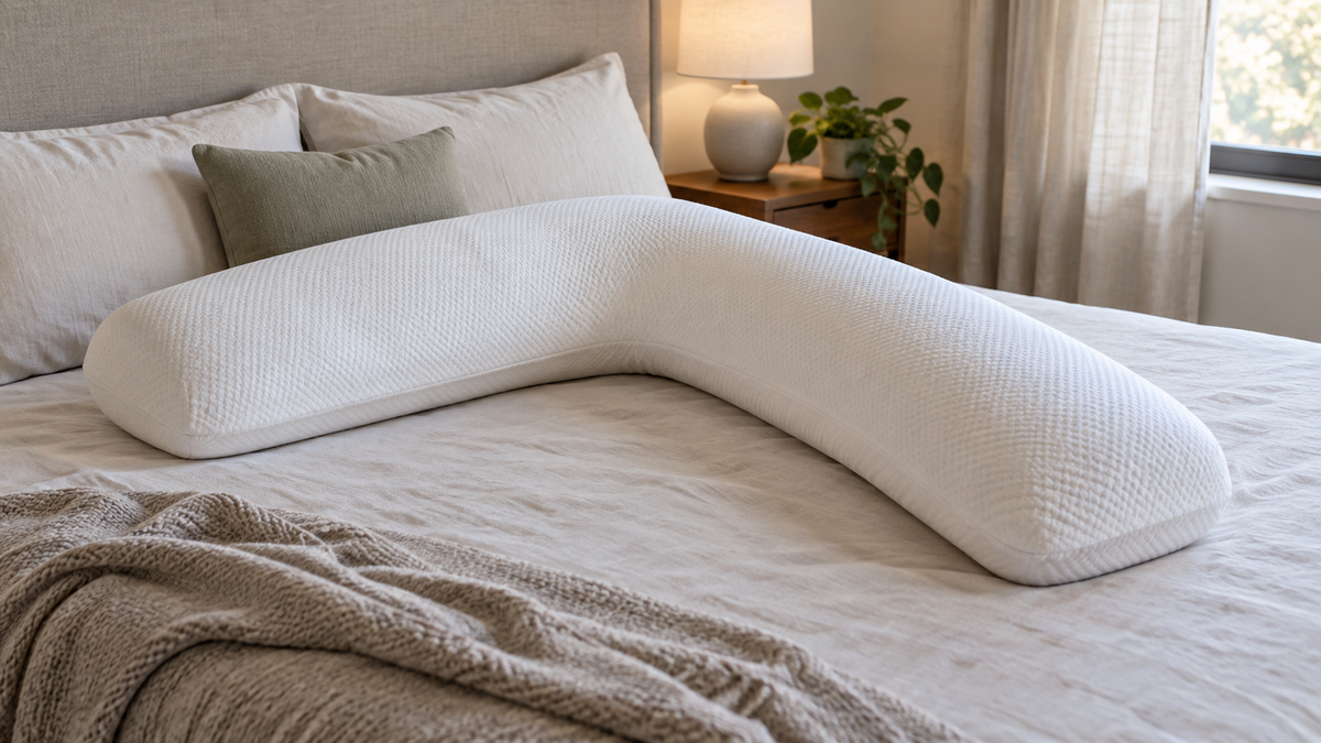 Unbranded L-shaped contour pillow arranged on a simple bed
