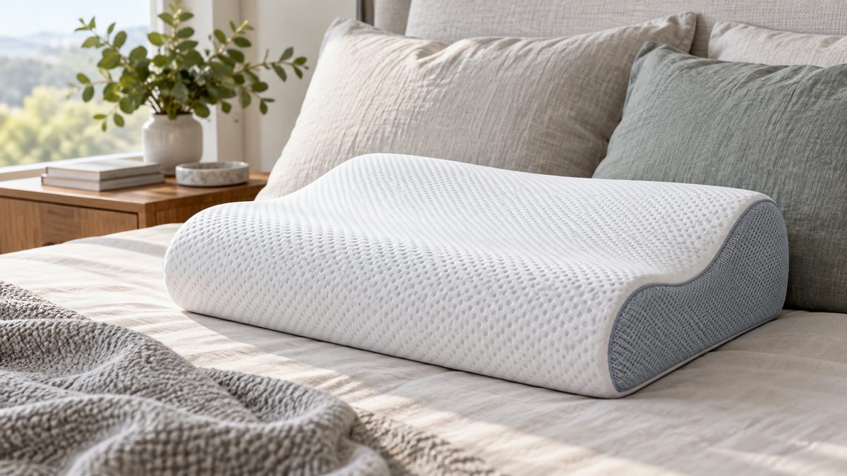 Cool touch memory foam pillow with a breathable cover on a neutral bed