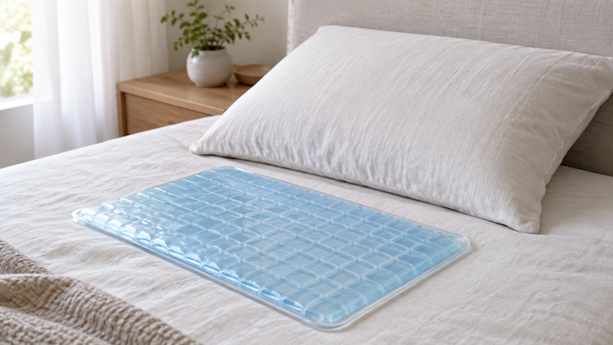 Unbranded translucent cooling gel pad laid beside a plain pillow on a neutral bed