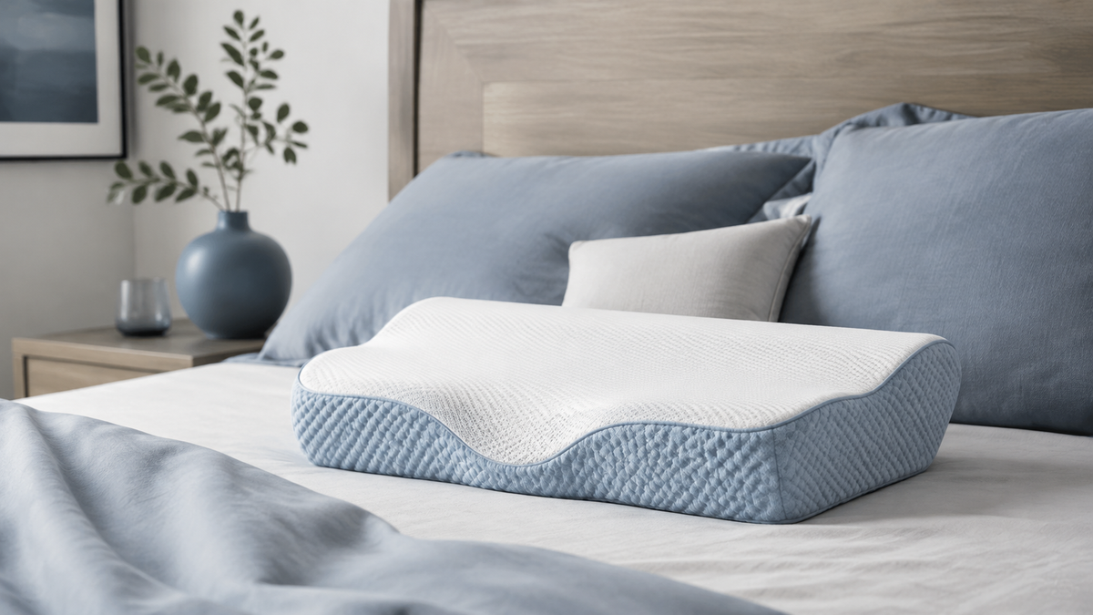 Generic cooling neck pillow on neutral bedding