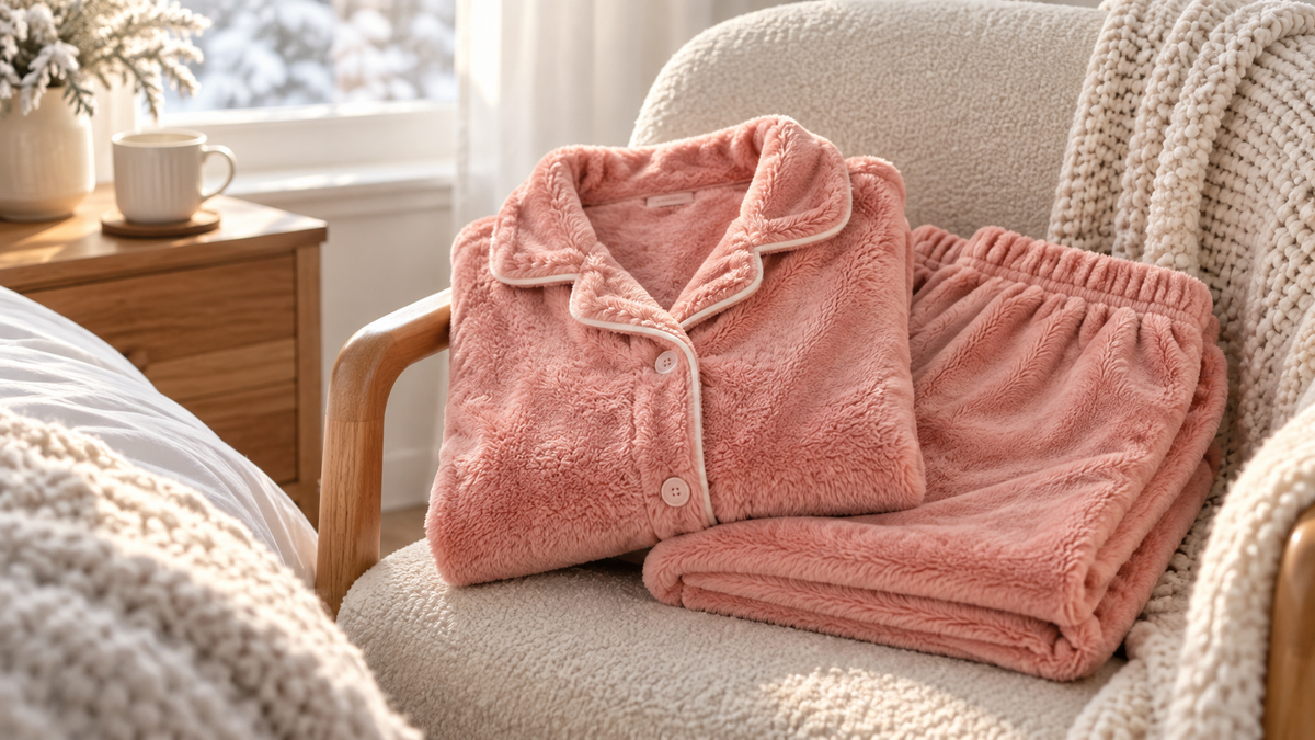 Soft coral fleece pajama set folded on a bed with a warm neutral bedroom background