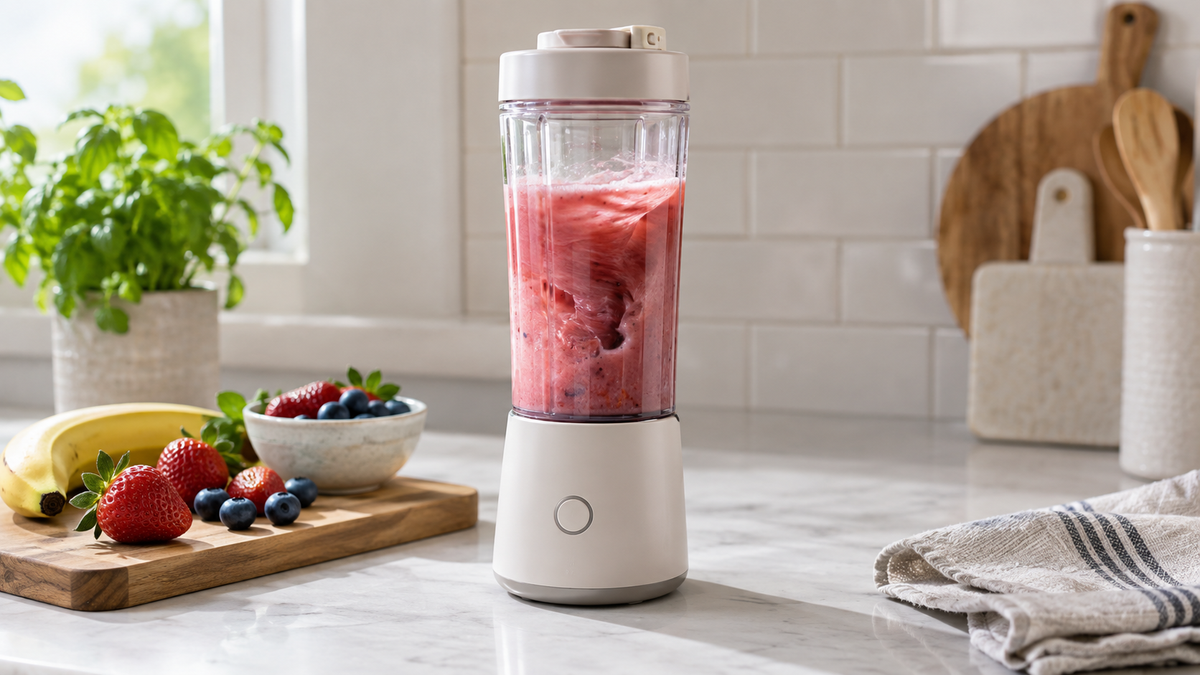 Cordless blender bottle mixing a fruit drink on a kitchen counter