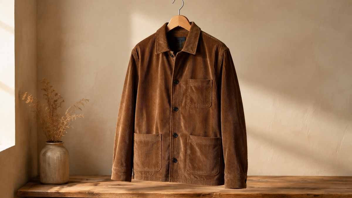 Brown corduroy jacket showing textured wale in a neutral studio