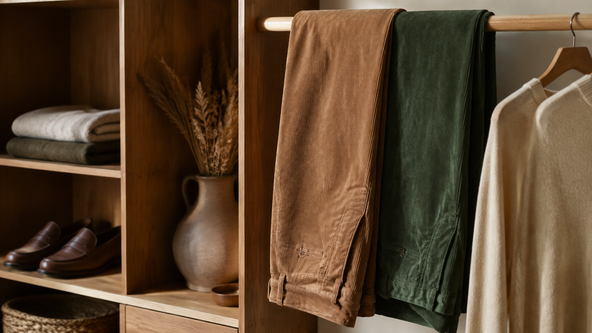 Corduroy pants in warm neutral and green tones arranged in a refined wardrobe