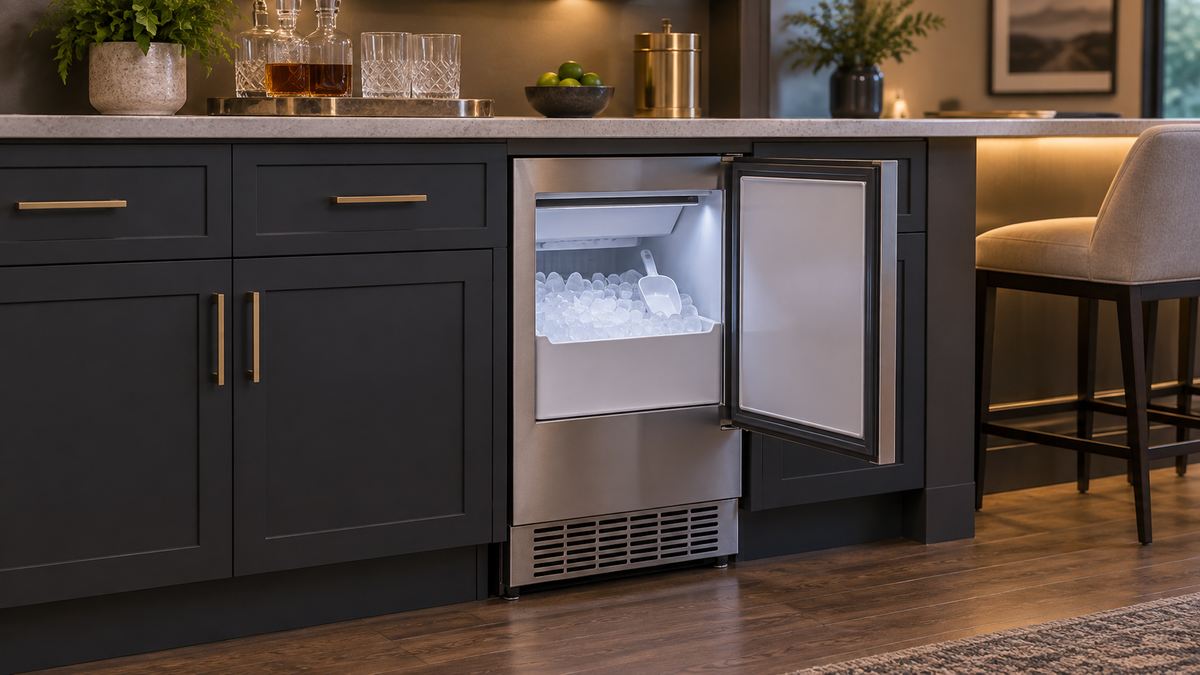Counter-height ice maker installed beneath a kitchen counter