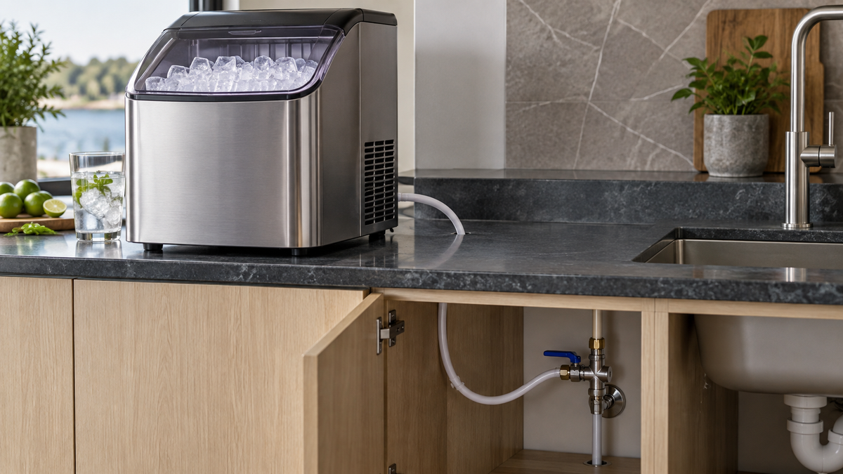 Editorial illustration for counter ice maker with water line guide