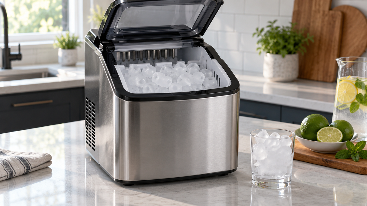 Countertop ice maker with a basket of bullet-shaped ice