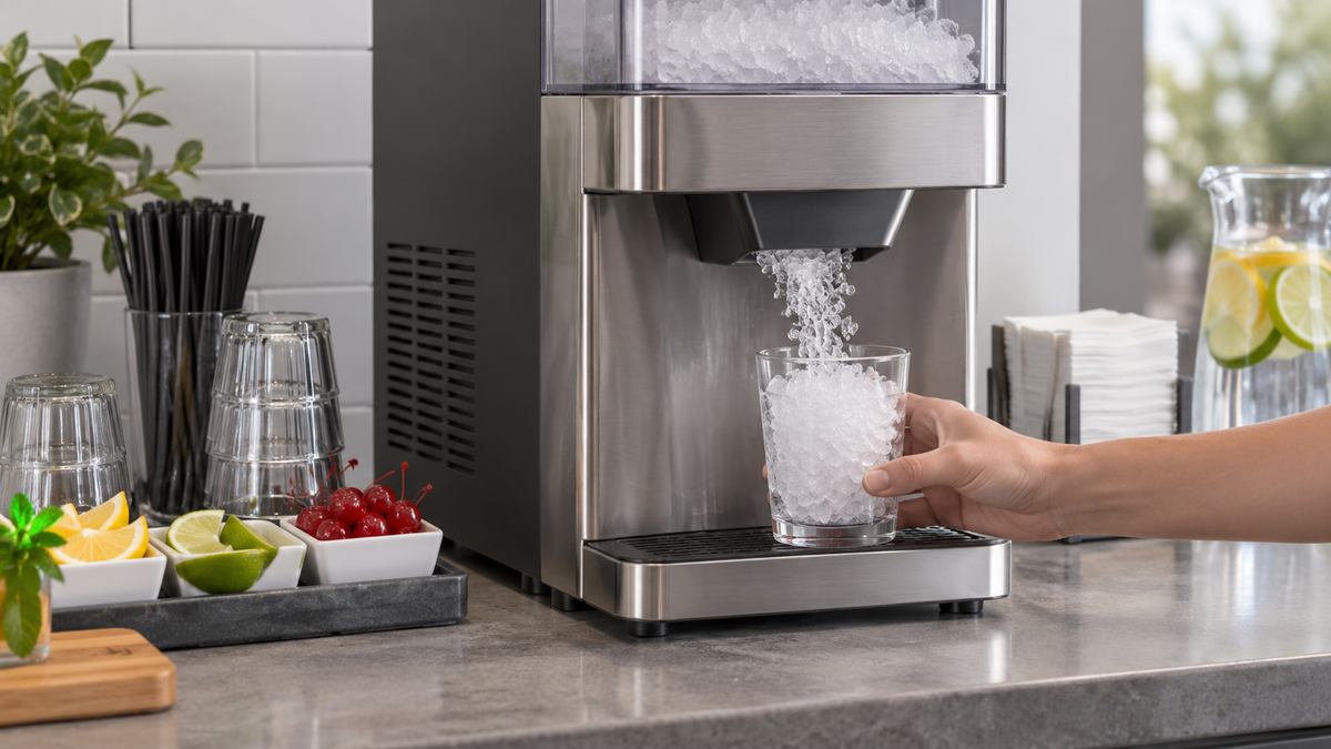 Countertop crushed ice machine producing textured ice