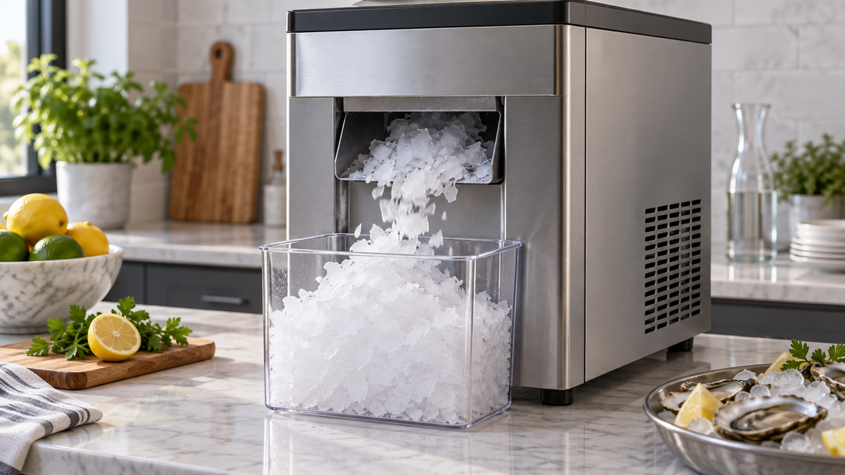 Unbranded countertop flake ice machine producing soft ice into a clear serving container